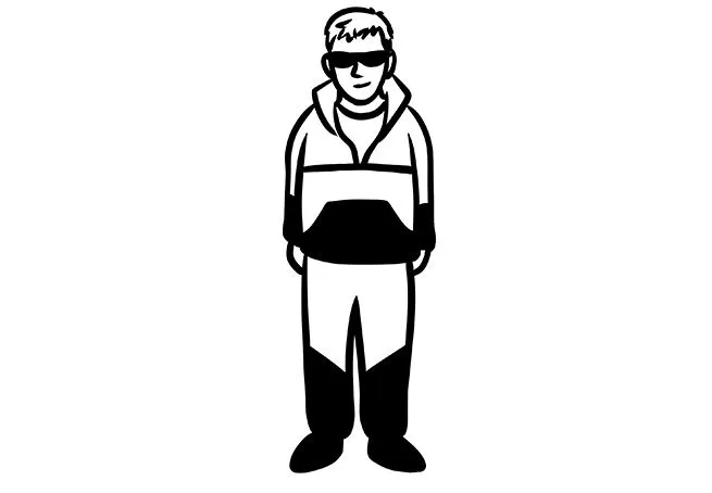 Black and white illustration of a person wearing a jacket and sunglasses, standing with hands in pockets and facing forward.