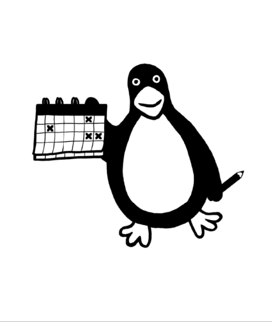 A cartoon penguin holding a calendar with crossed-out dates and a pencil in its other hand.