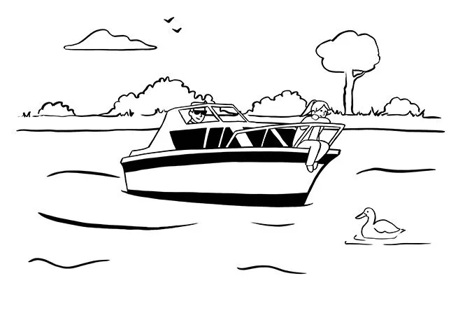 Line drawing of a boat on the water with two passengers, surrounded by trees and a duck swimming nearby.