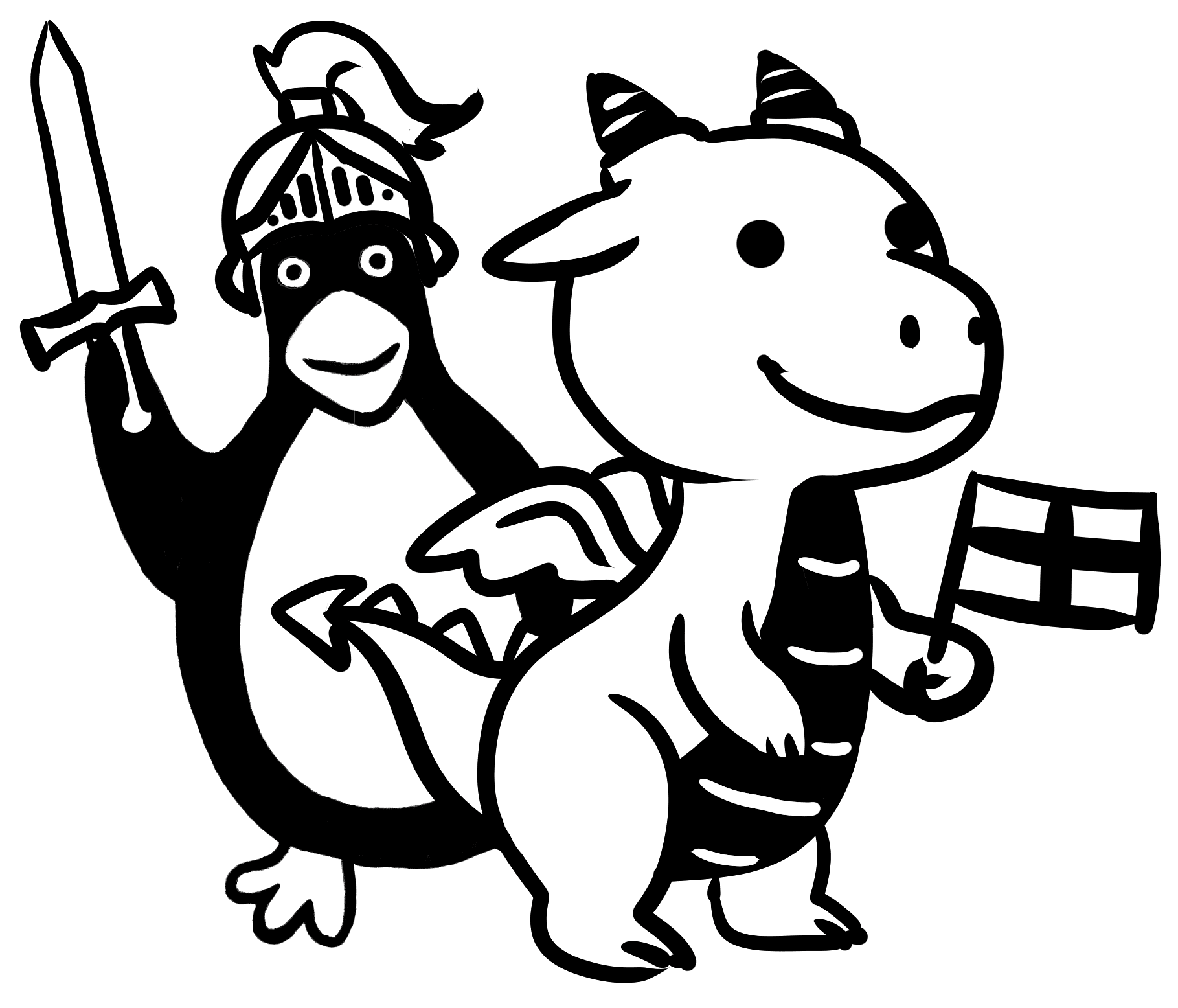 A penguin in knight armor and a smiling dragon holding a flag with a cross on it are standing side by side.