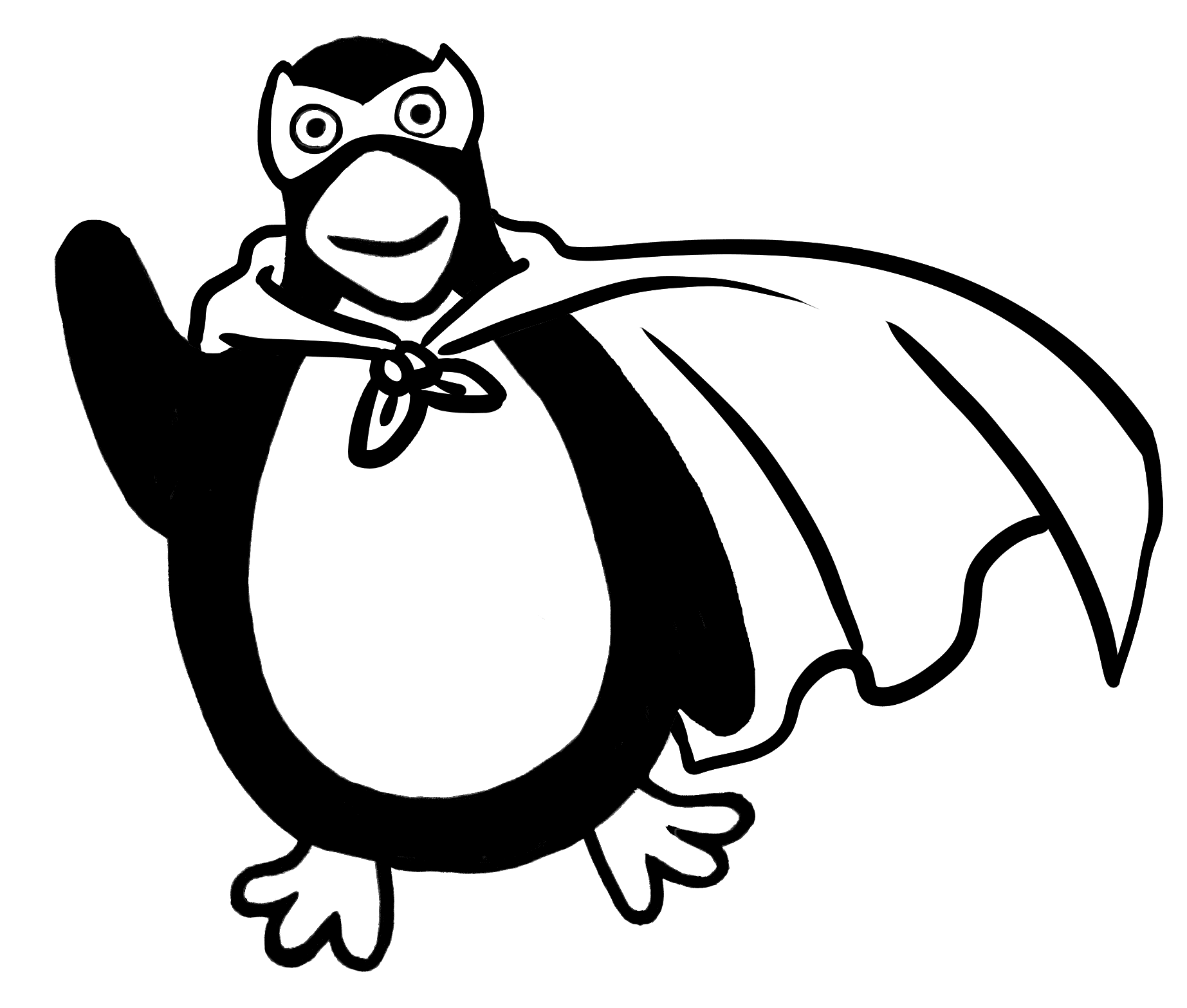 A cartoon penguin wearing a superhero mask and cape, standing and waving with one wing raised.