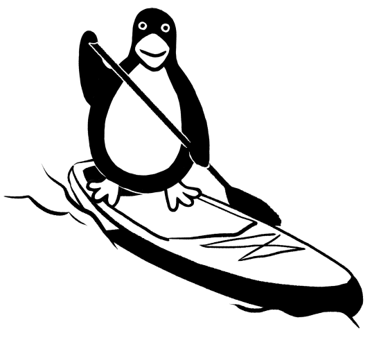 A cartoon penguin is standing on a paddleboard, holding a paddle with one flipper raised.