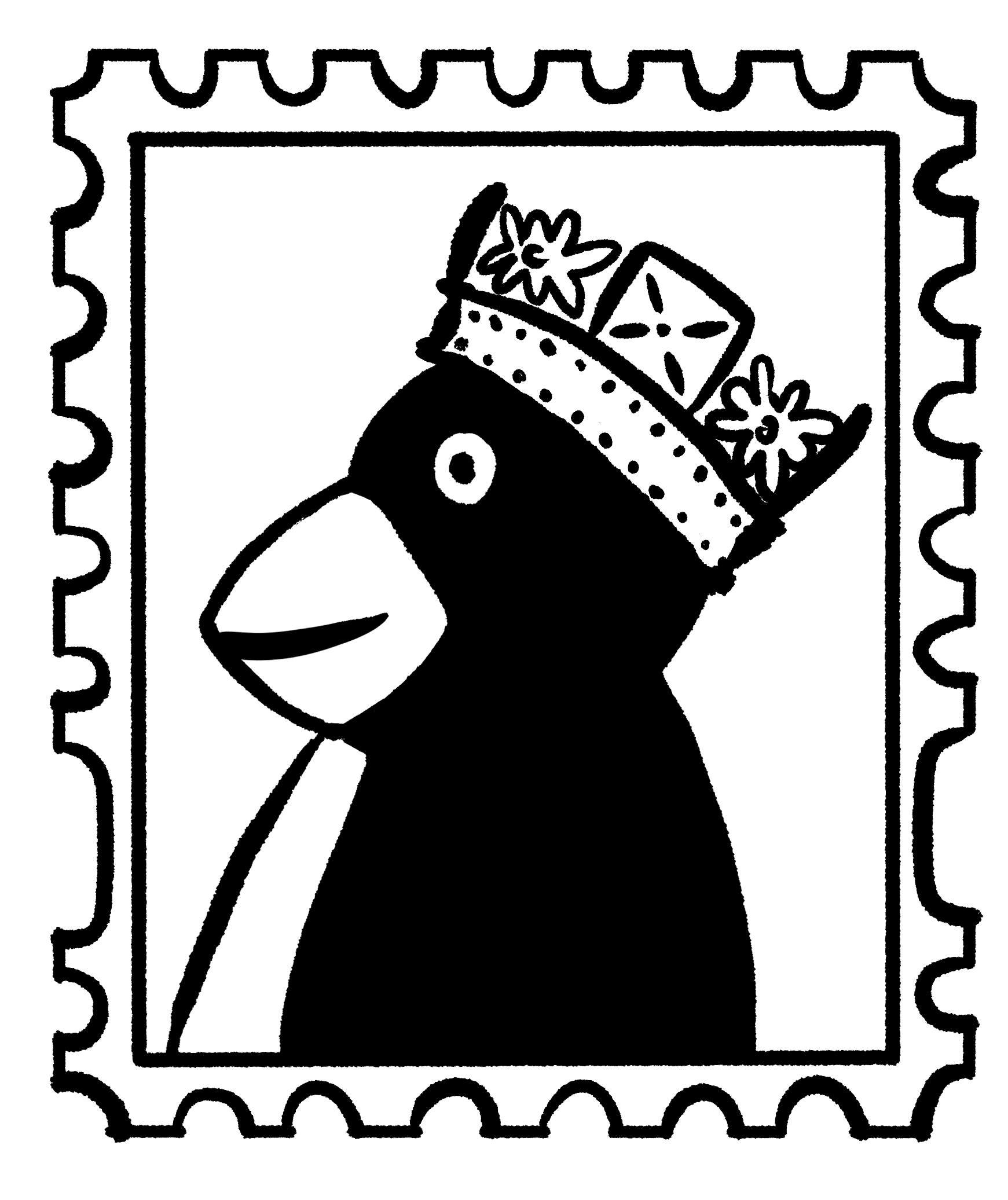 Black and white illustration of a penguin wearing a crown, depicted on a postage stamp.