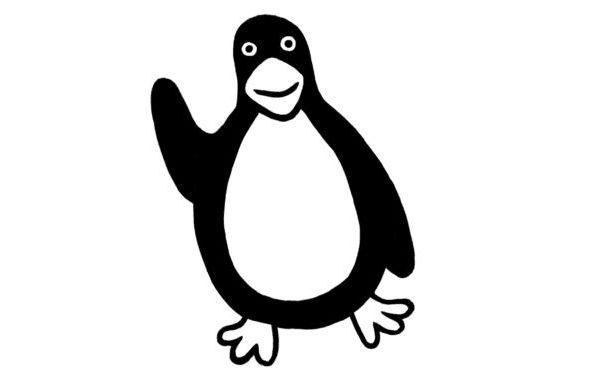 Black and white cartoon illustration of a smiling penguin standing upright and waving with one flipper.