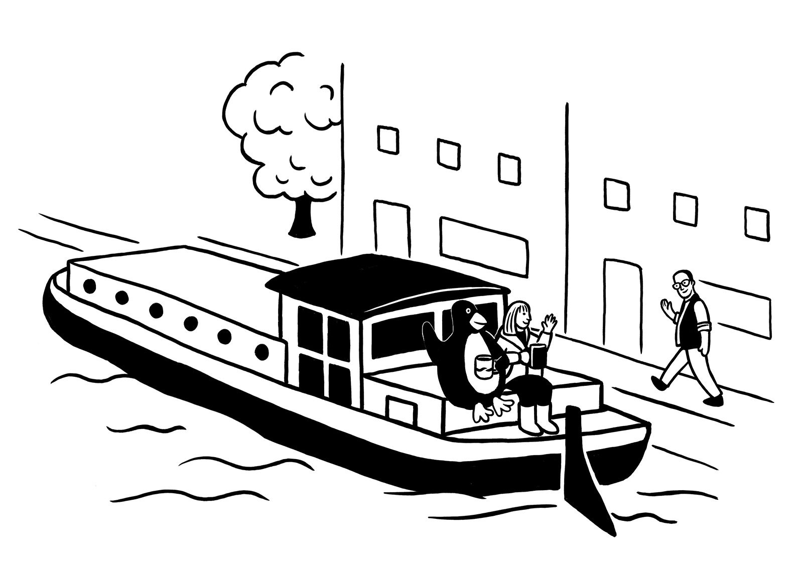 A person and a penguin sit on a boat in a canal, while a man walks on the embankment.