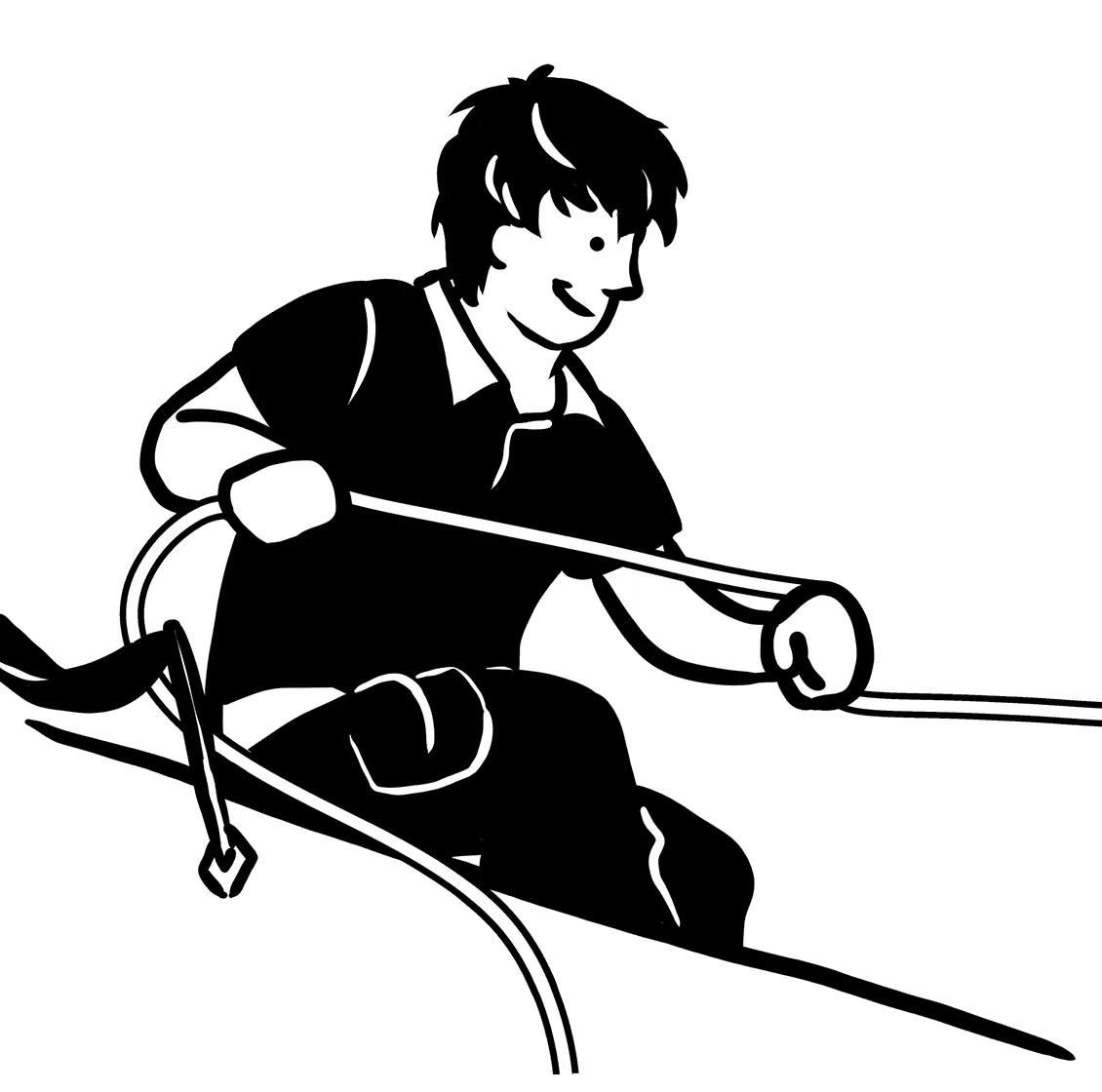 Illustration of a person in a black shirt, holding a rope and climbing with climbing gear.