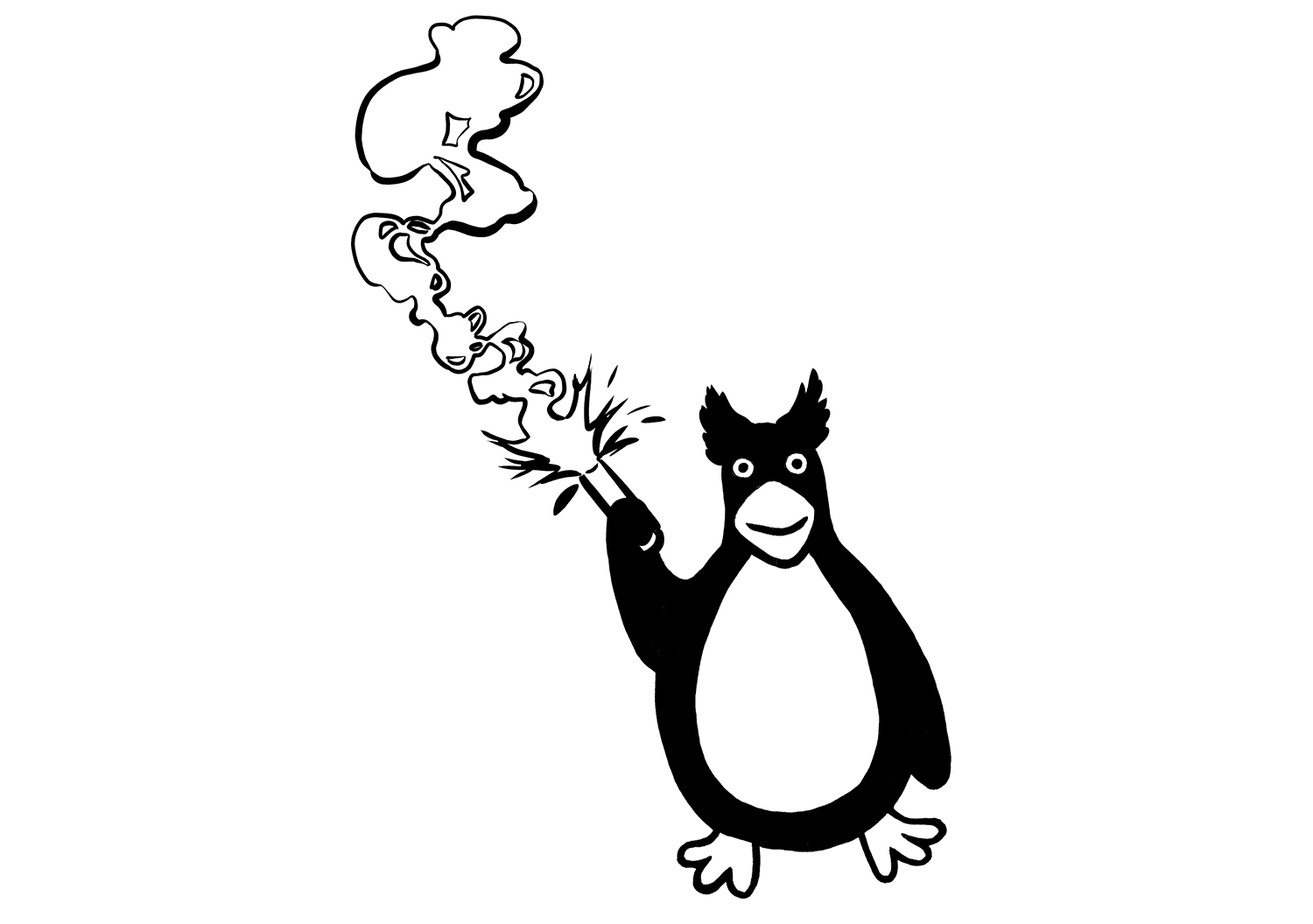 A cartoon penguin holds a lit firecracker that releases thick, swirling smoke into the air.