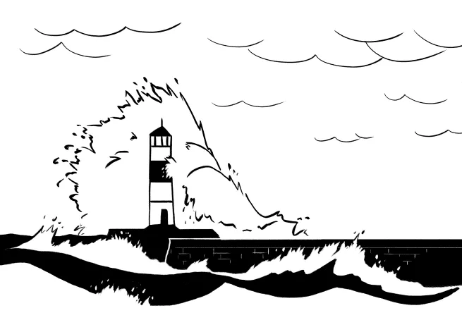 A lighthouse stands against strong waves crashing around it, with cloudy skies in the background.