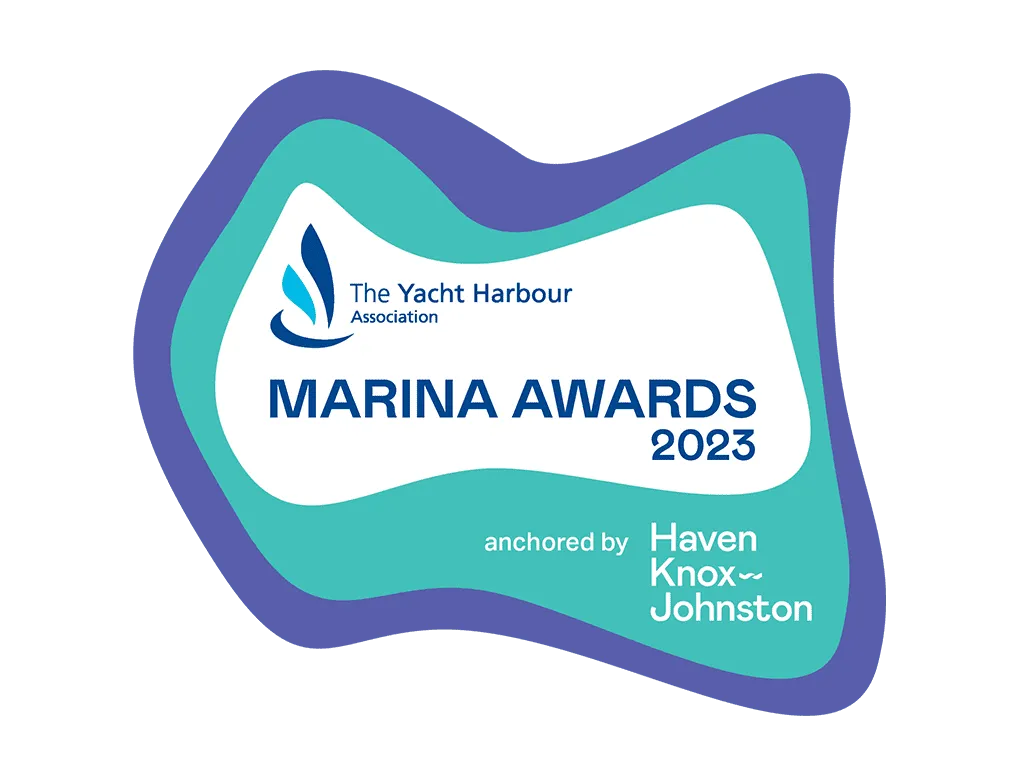 The Yacht Harbour Association's Marina Awards 2023, anchored by Haven Knox-Johnston, logo with blue and teal design.