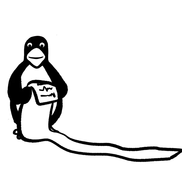 A penguin is holding a long piece of paper, which is unrolled on the ground. The penguin appears to be looking at the paper.