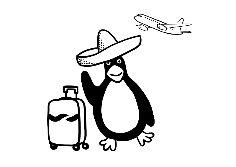 A penguin wearing a sombrero waves while standing next to a suitcase as an airplane flies overhead.