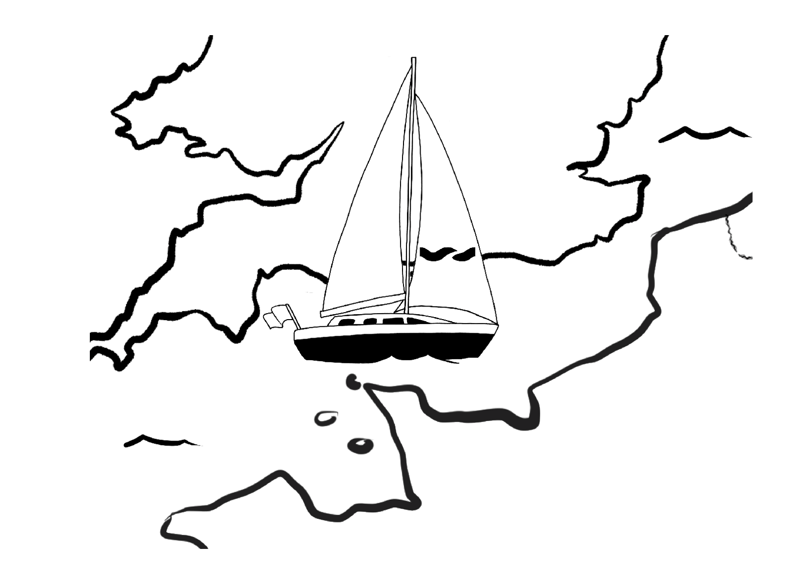 Black and white sketch of a sailboat navigating through a narrow, winding waterway with a few small islands.