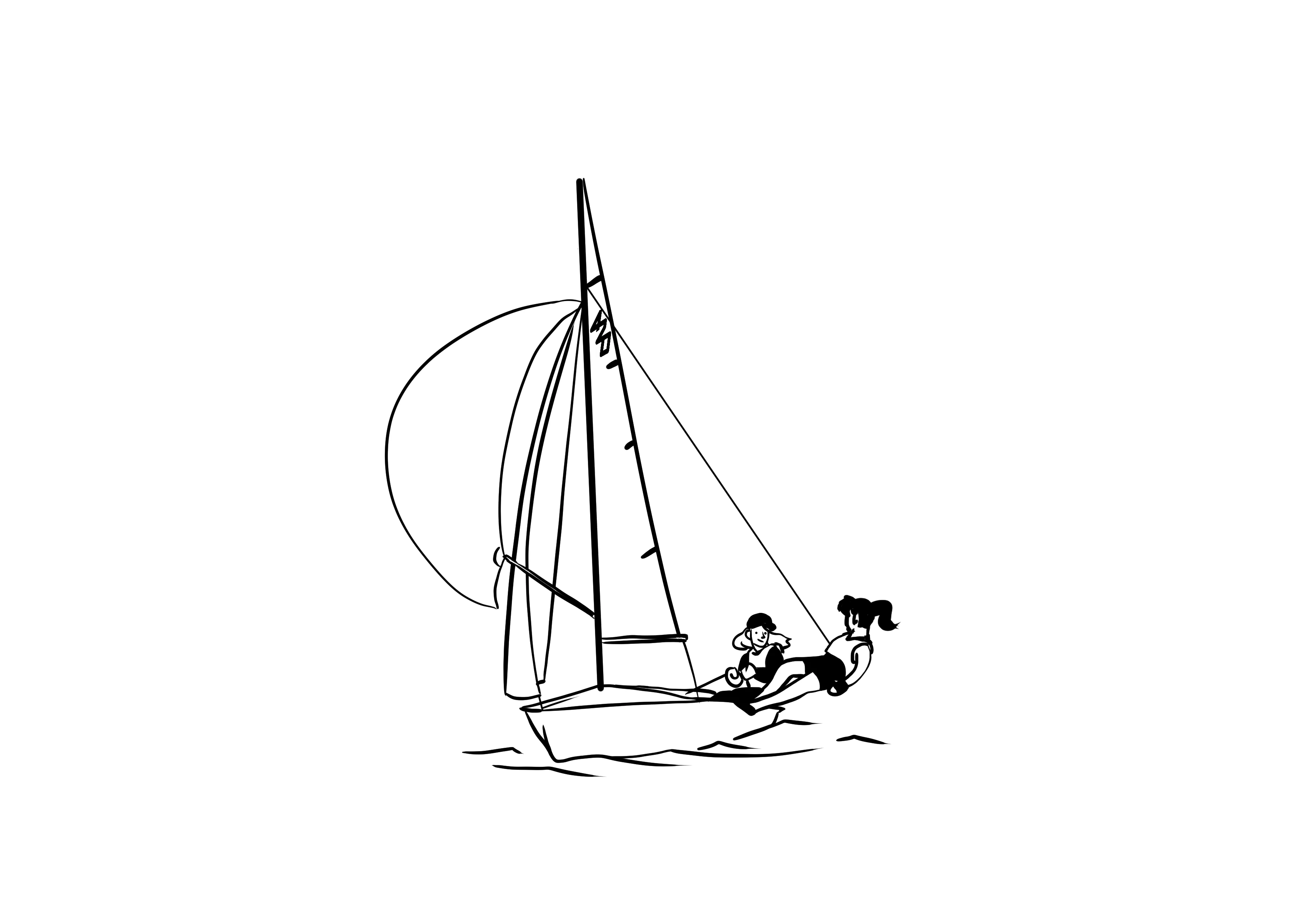 Outline of a sailboat with a visible sail and two people on it, set against a black background, perfectly captures the essence of an adventurous voyage. Consider dinghy insurance for peace of mind during your sailing adventures.