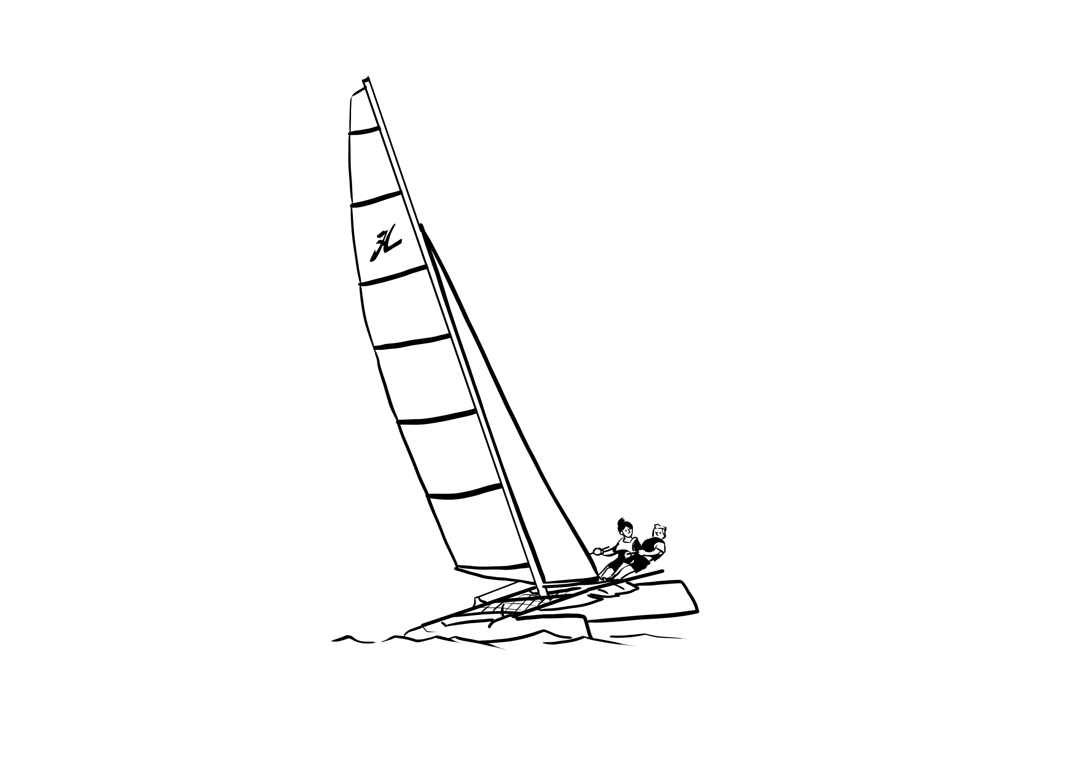 A black-and-white illustration of two people sailing a sailboat with a large sail against a black background, highlighting the importance of dinghy insurance.