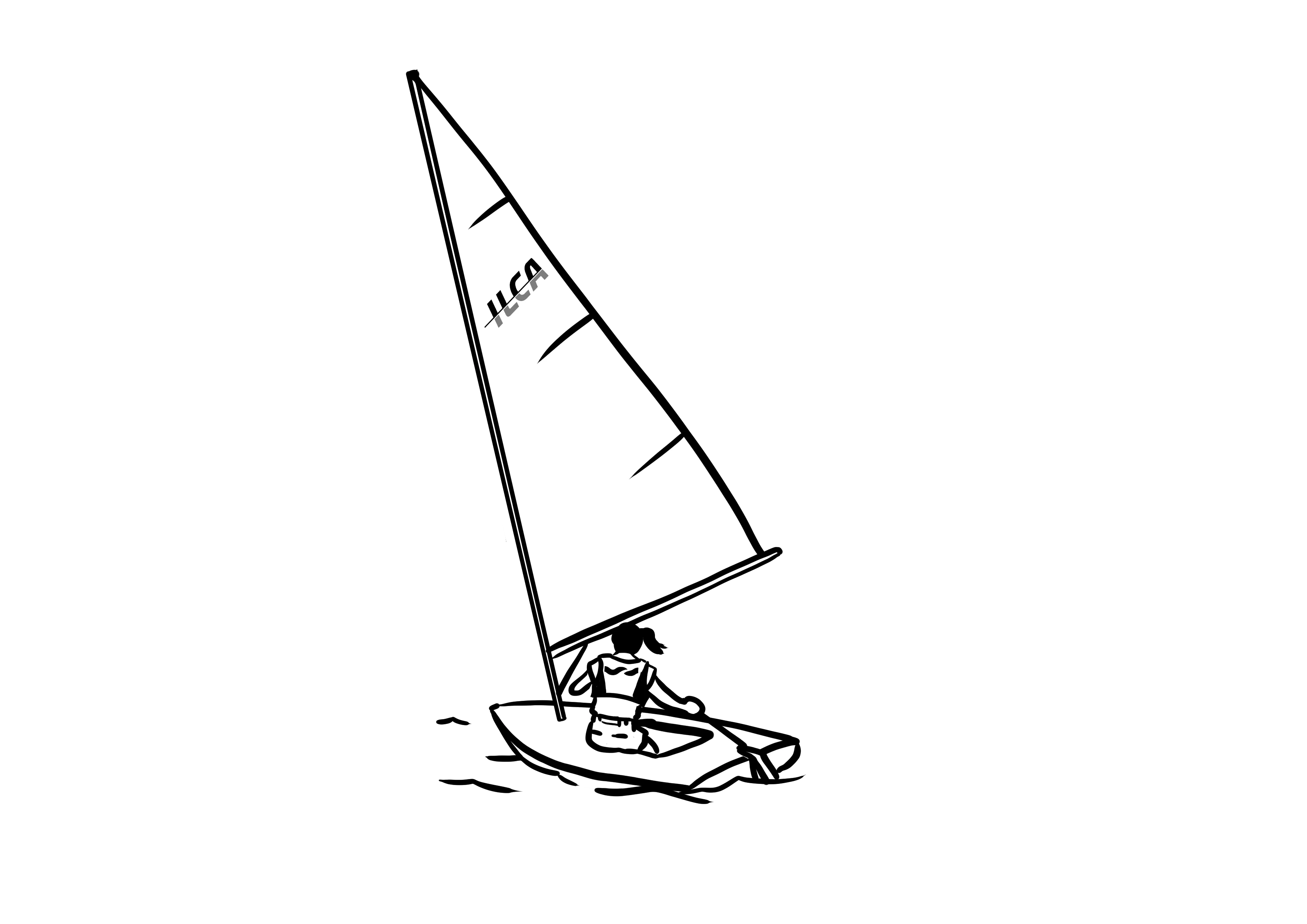 Black and white illustration of a person sailing a small boat with a triangular sail labeled 