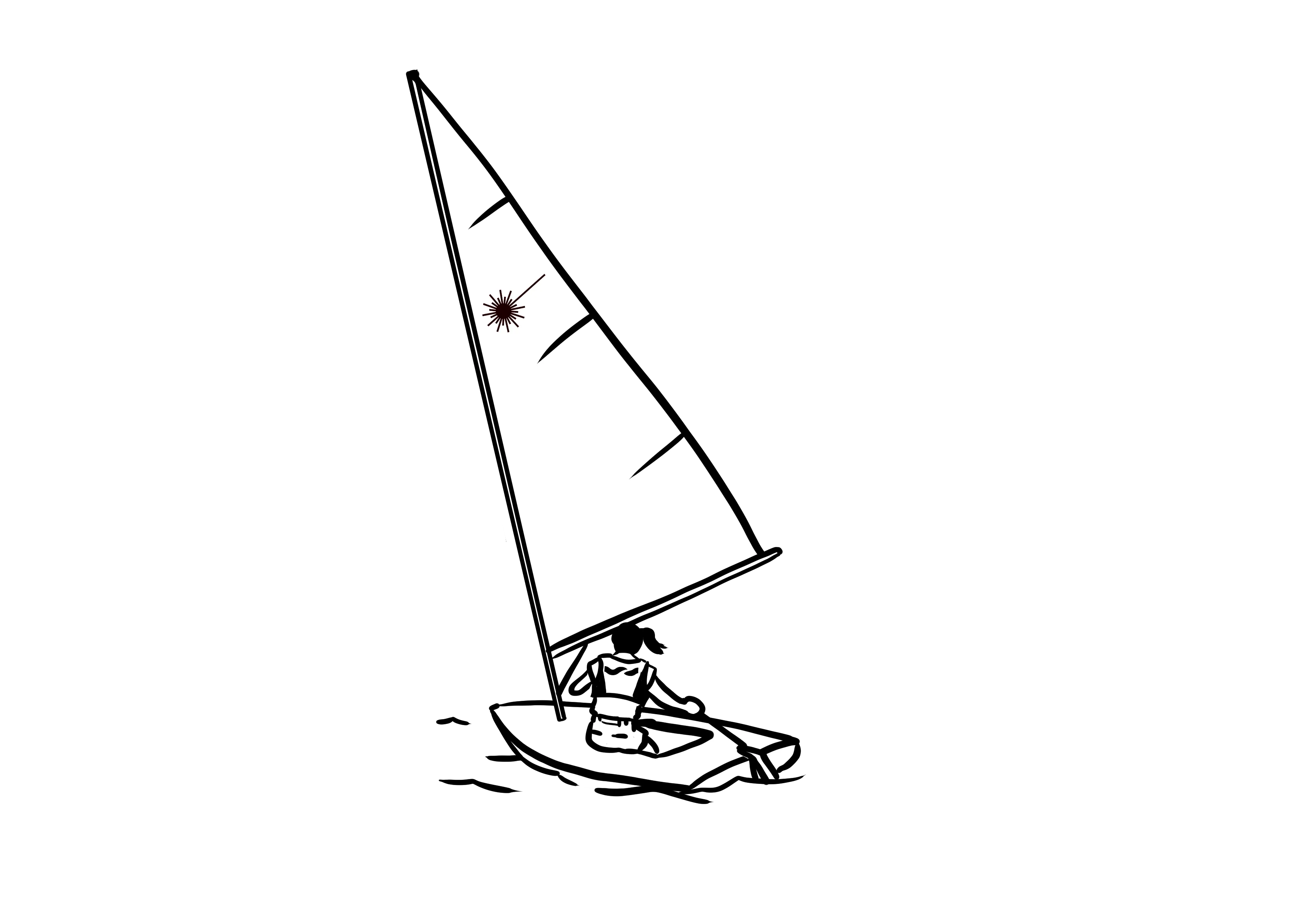 Black and white illustration of a sailboat with a single person sailing. The boat, perhaps covered by dinghy insurance, features a triangular sail adorned with a small symbol.