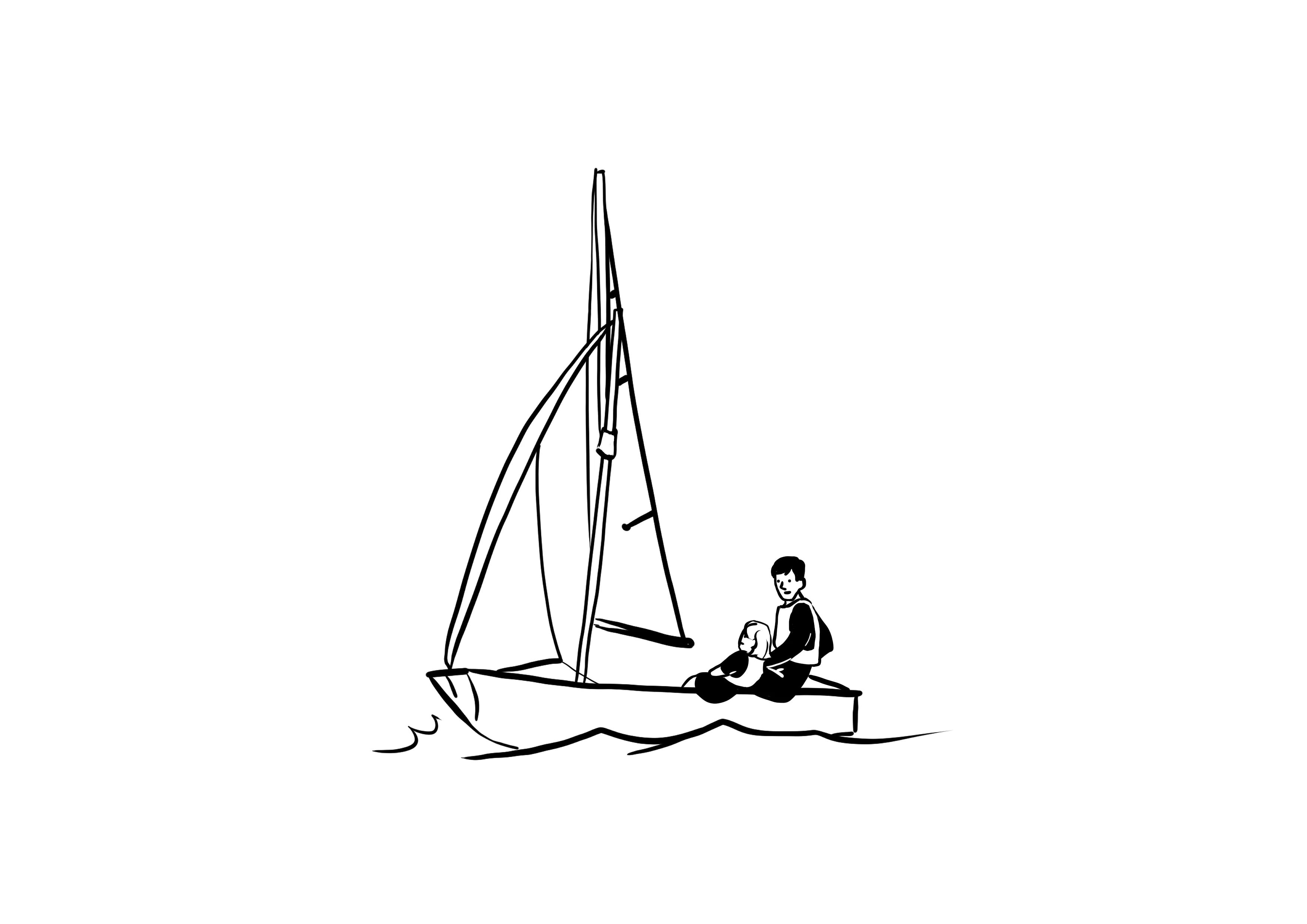 Two people sitting on a sailboat in calm waters, with one sail raised and a plain black background, enjoying the peace of mind that comes with having Dinghy Insurance.