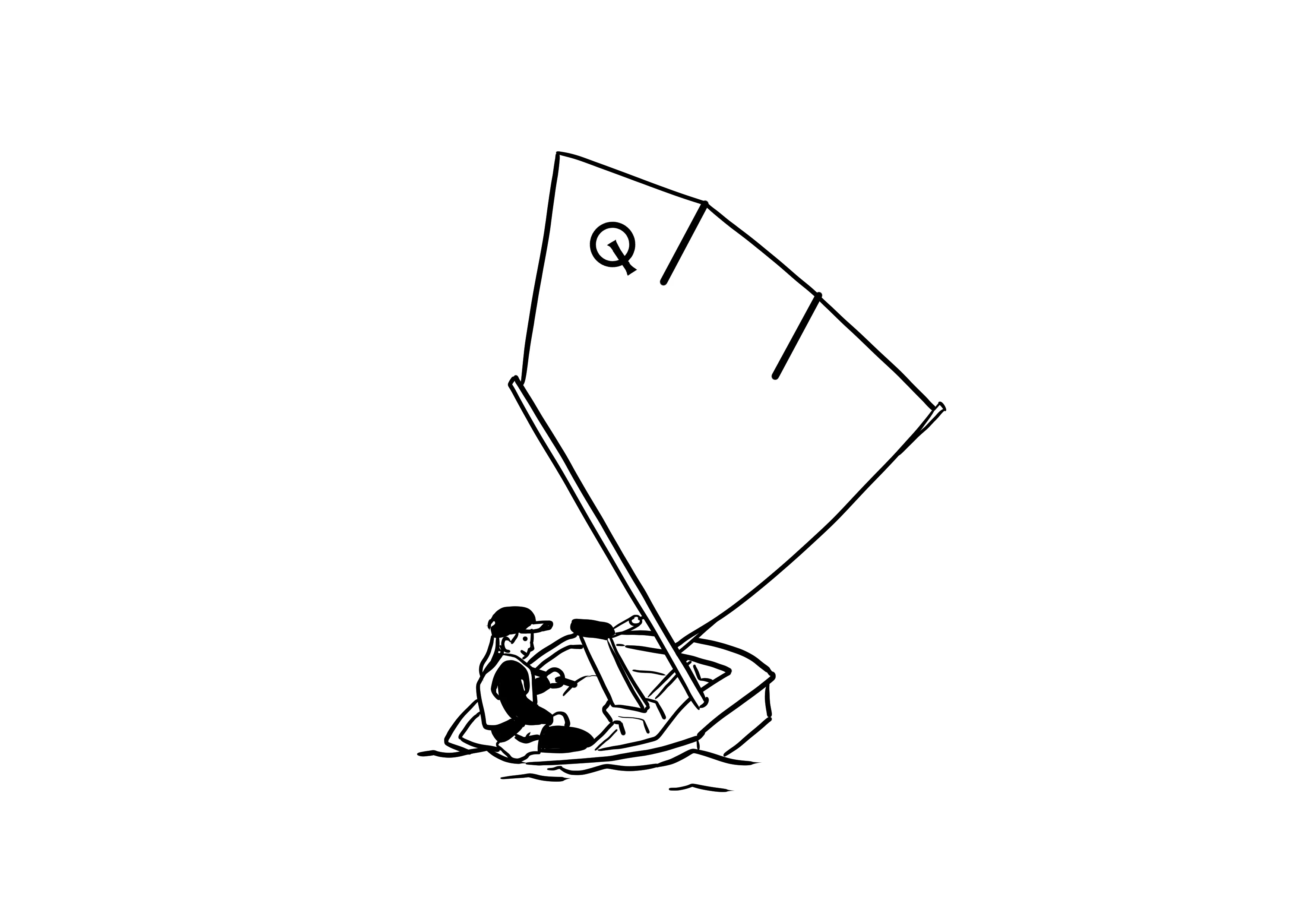 Illustration of a person sailing a small boat with a single sail marked with the letter 