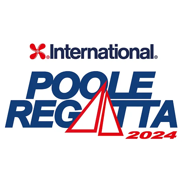 Logo for the International Poole Regatta 2024, featuring the event name and a red sailboat graphic in the center.