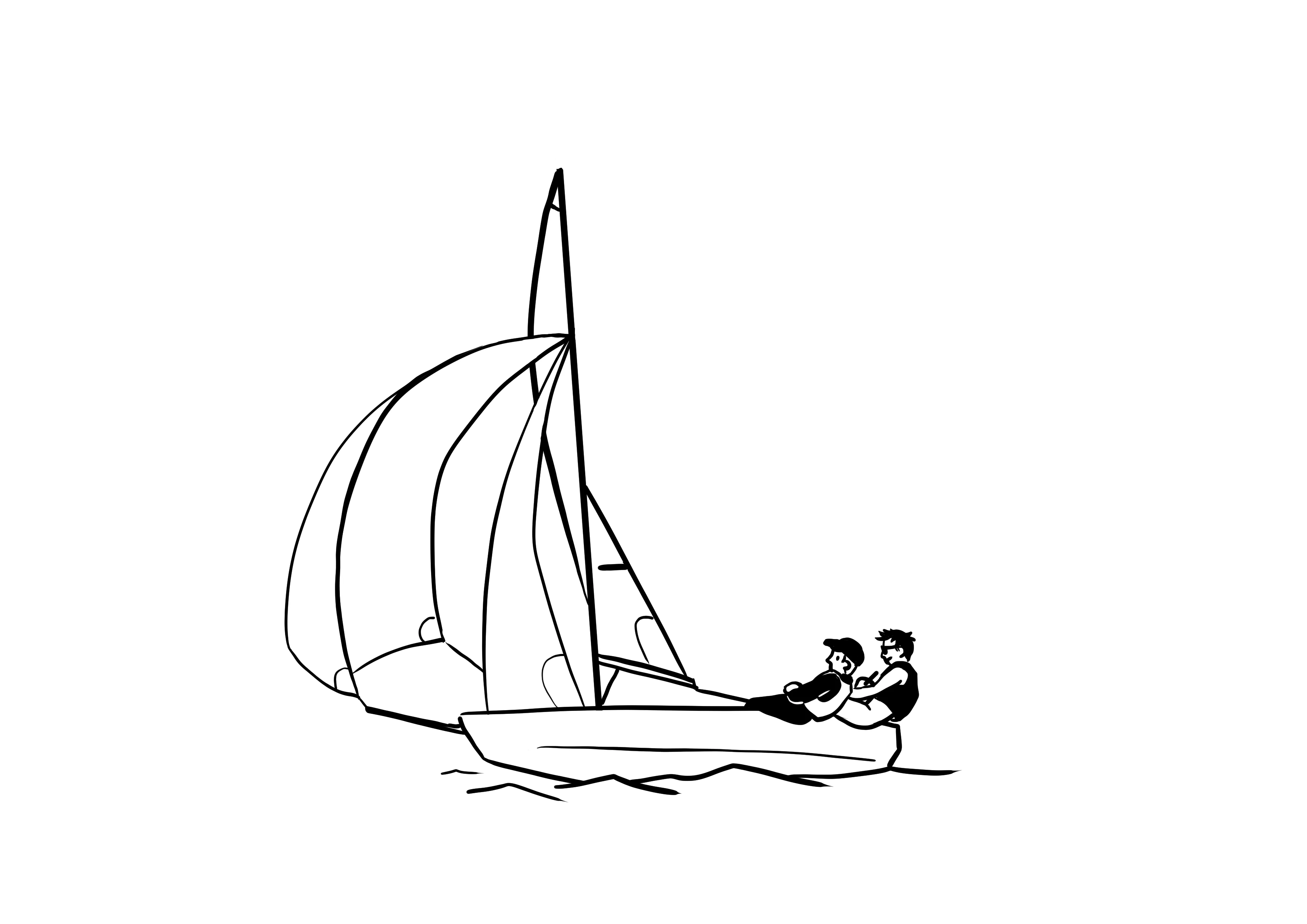 Black and white illustration of a sailboat with two people on board, sailing on calm waters, emphasizing the importance of dinghy insurance.