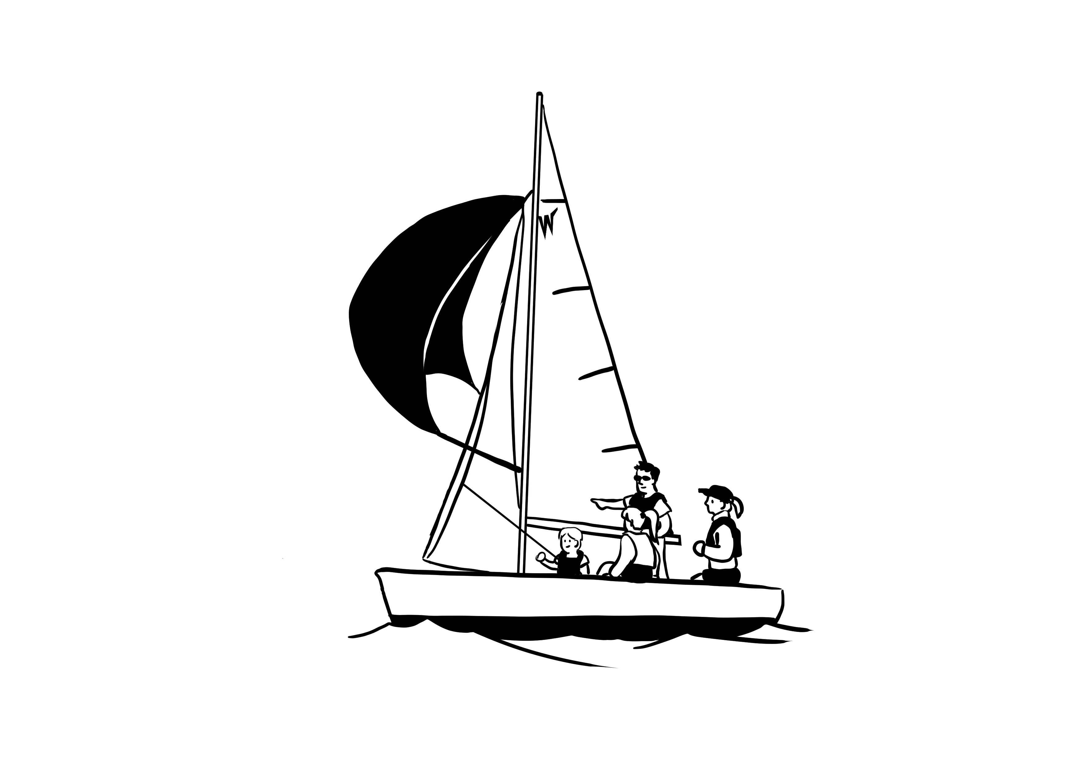 A simple black and white drawing of a sailboat with three people onboard, including one steering and two seated—an ideal image for illustrating the importance of dinghy insurance.