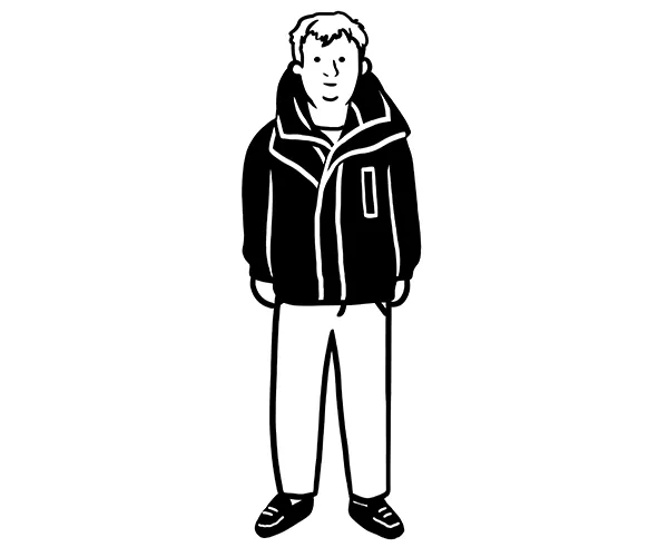 Illustration of a person wearing a zip-up jacket and pants, standing with their hands by their sides.