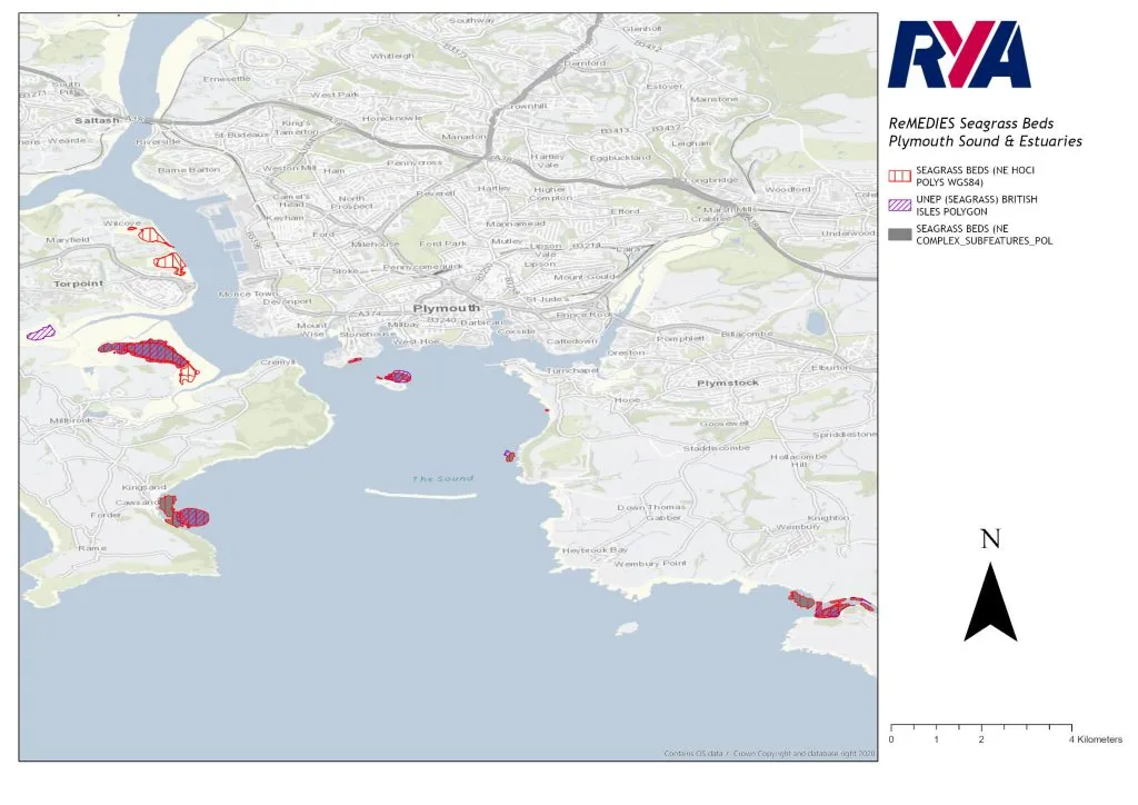 Map showing seagrass beds and reef locations in Plymouth Sound & surrounding estuaries. Key denotes seagrass beds, reefs, and study areas.