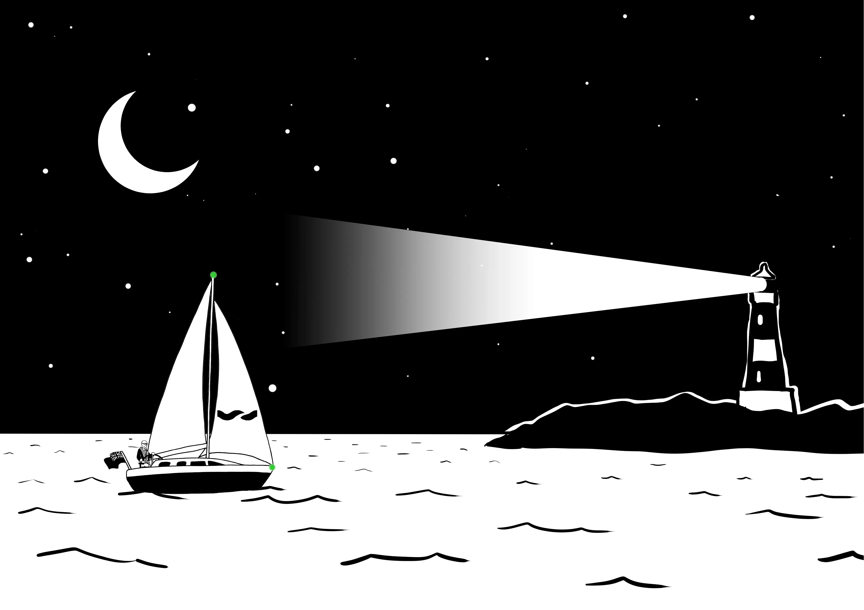 A sailboat navigates under a starry sky near a lighthouse casting a beam of light over the water, with a crescent moon overhead.