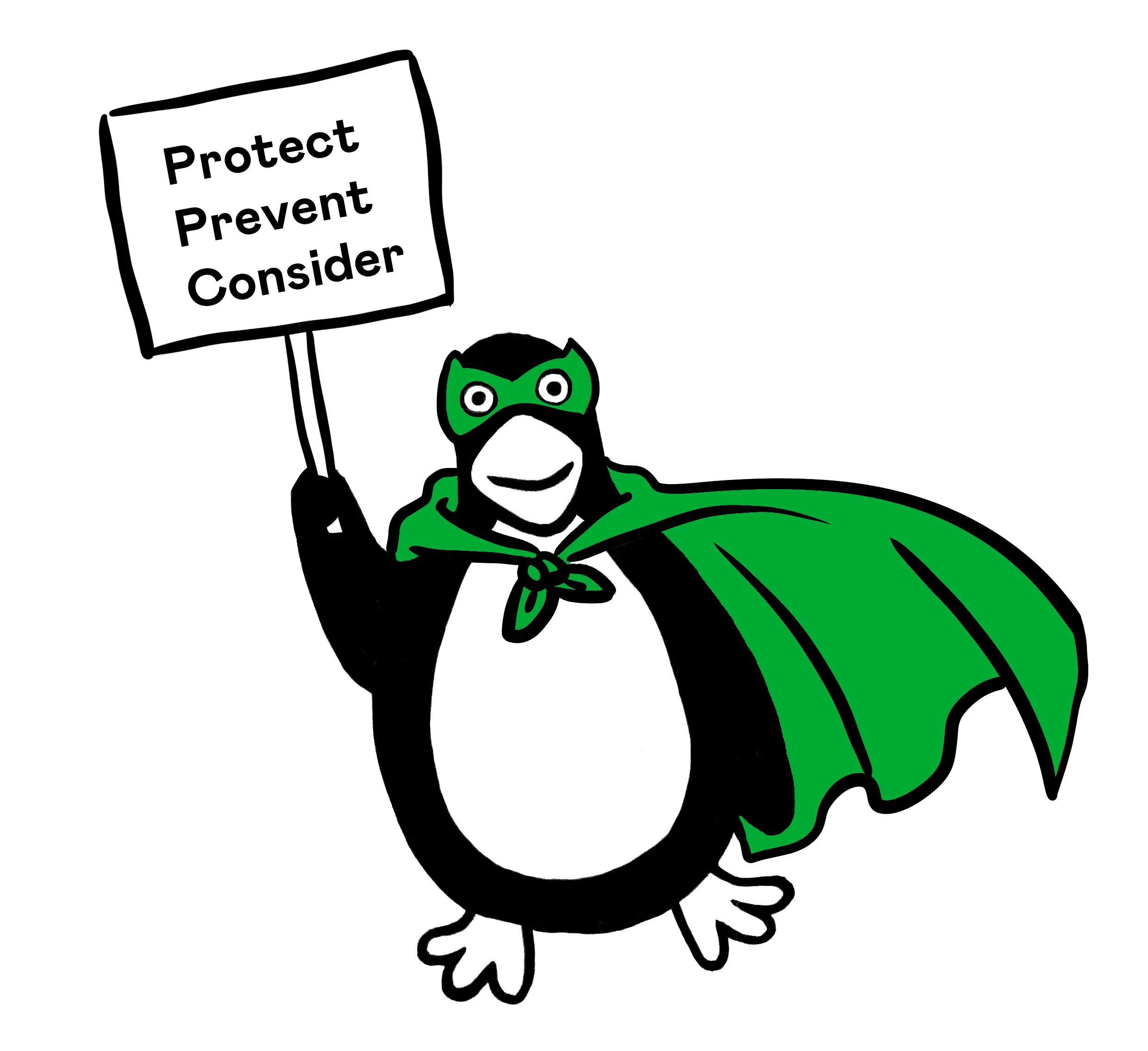 A penguin wearing a green cape and mask holds a sign that reads 