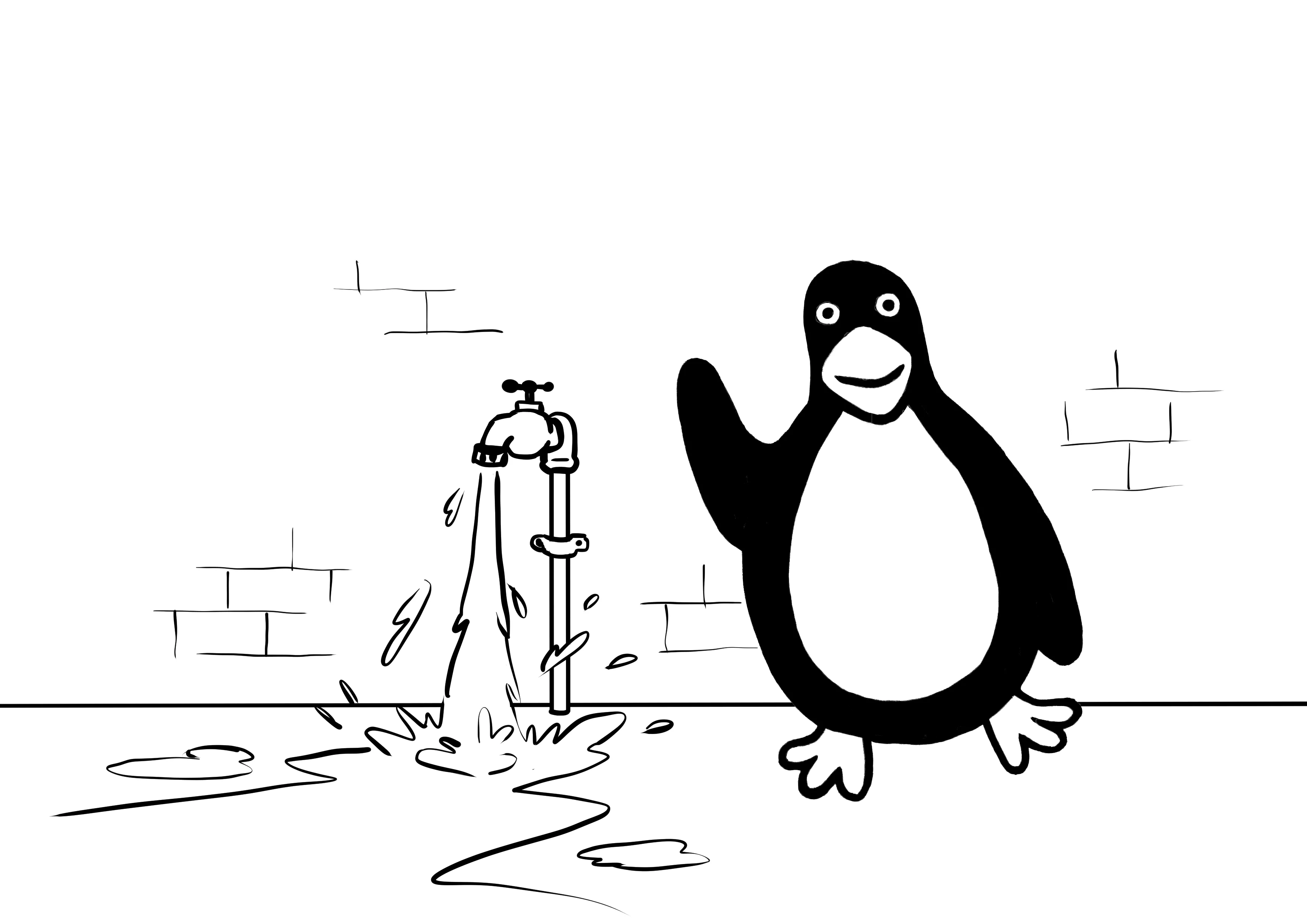 A penguin waves its wing near a dripping faucet attached to a wall with water splashing on the ground.