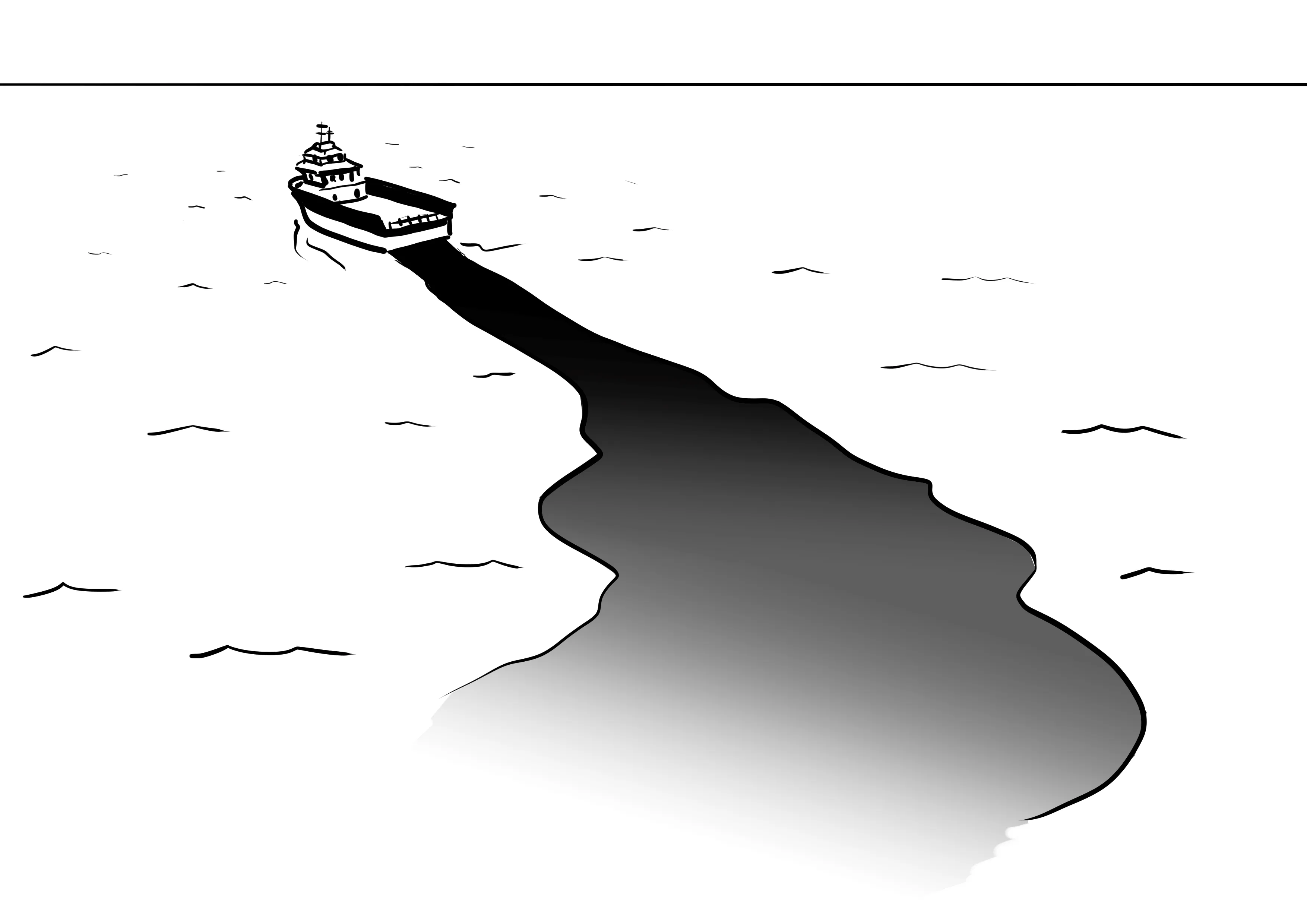 Black and white drawing of a ship sailing through water, leaving a dark, wavy shadow or wake behind it.