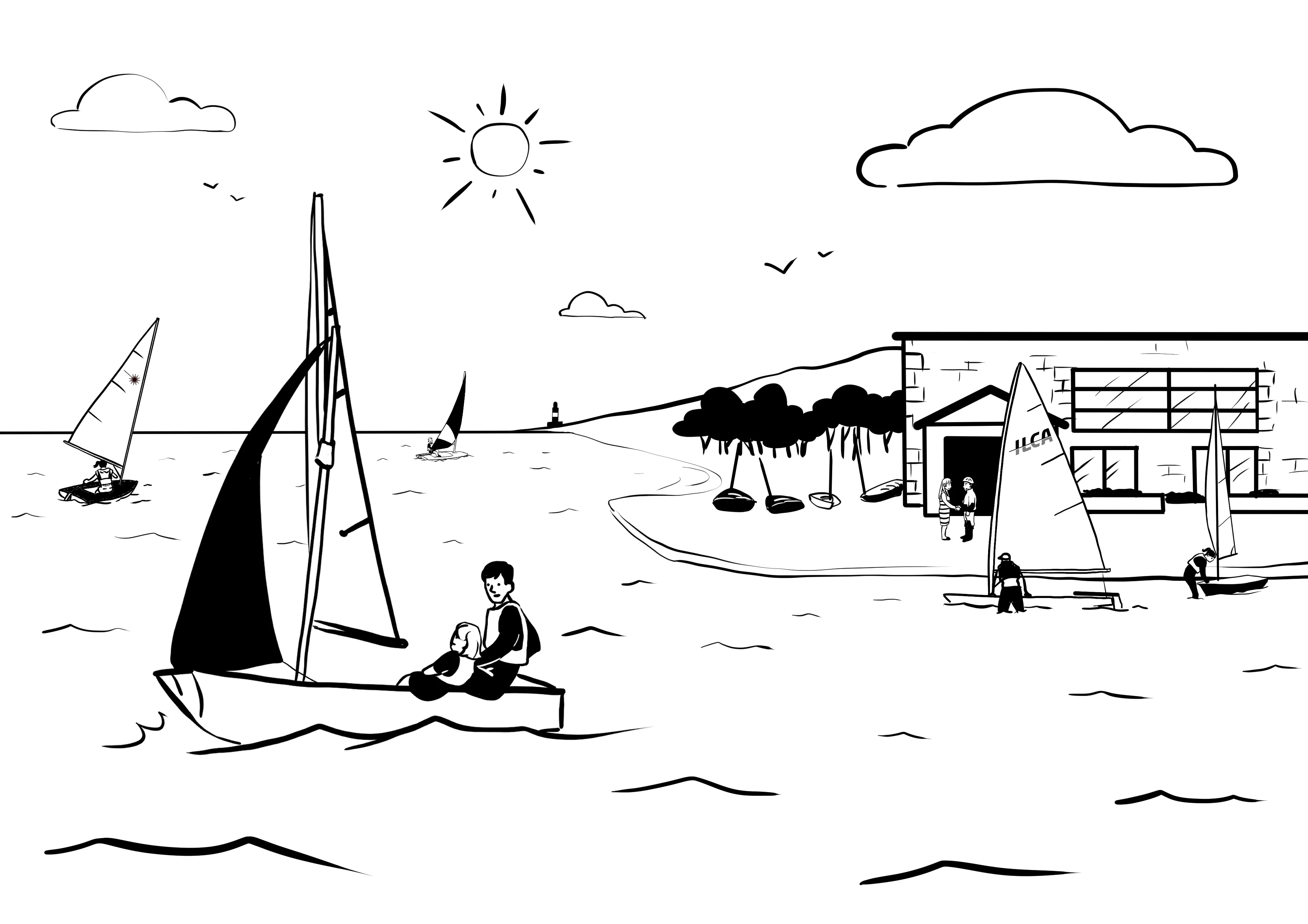 Black and white illustration of people sailing near a waterfront building labeled 