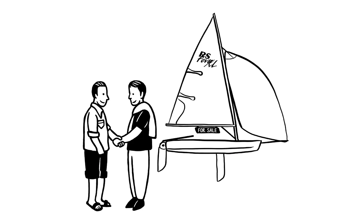 Two people shaking hands beside a sailboat with a 