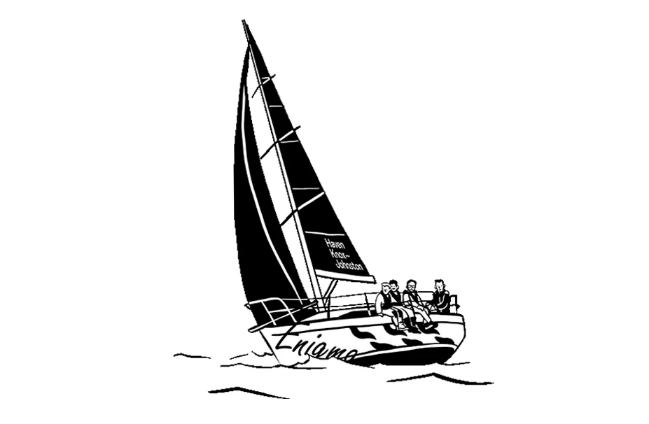 Black and white illustration of a sailboat named 