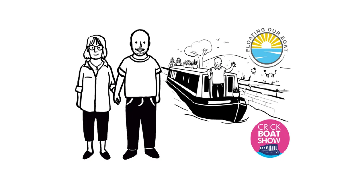 Illustration of a smiling couple holding hands with a narrowboat on a canal and two floating logos in the corners.