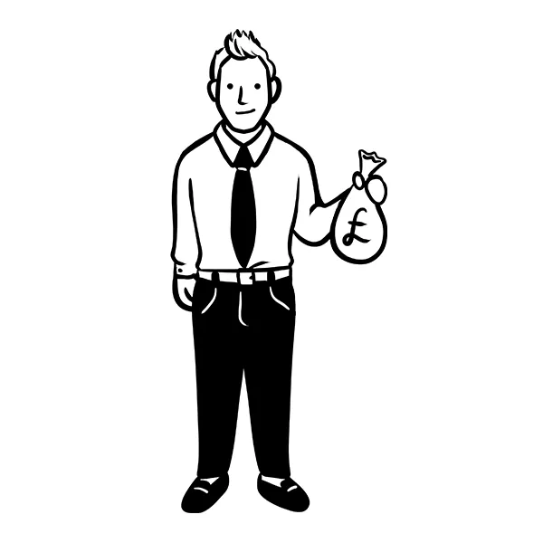 Illustration of a person in a shirt and tie, holding a money bag with a British pound symbol (£).