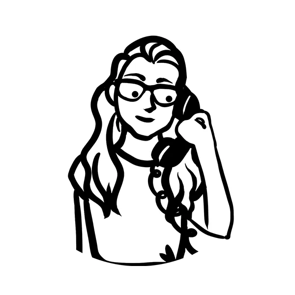 Black and white illustration of a person with glasses and long hair, holding a phone to their ear.