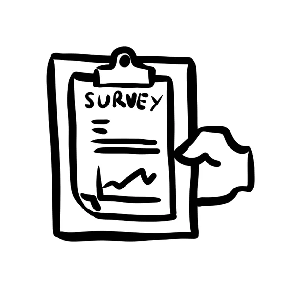 Hand holding a clipboard with a survey sheet on it, featuring text and a graph.