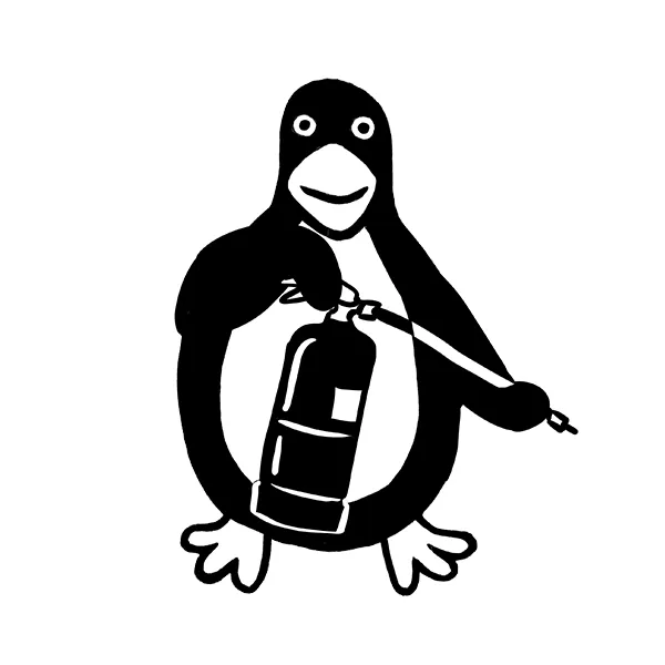 Illustration of a penguin holding a fire extinguisher with one flipper and the hose in the other.