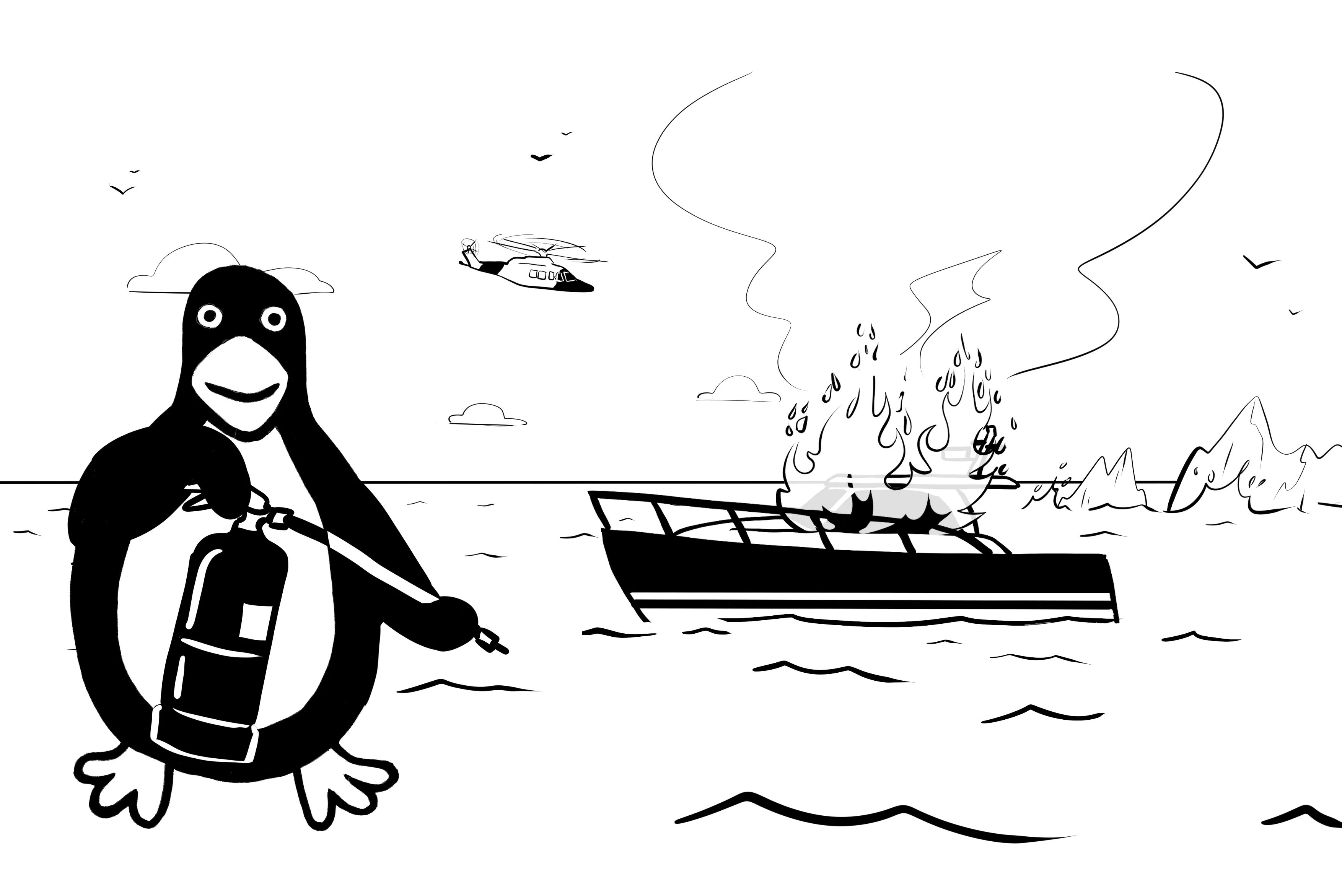 Cartoon penguin wielding fire extinguishers stands near a burning boat as a helicopter hovers above, with an iceberg looming in the distance.