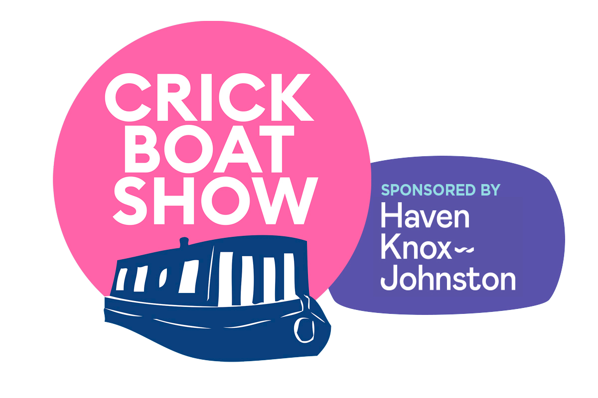 Logo for the Crick Boat Show, featuring a boat silhouette and text indicating sponsorship by Haven Knox-Johnston.