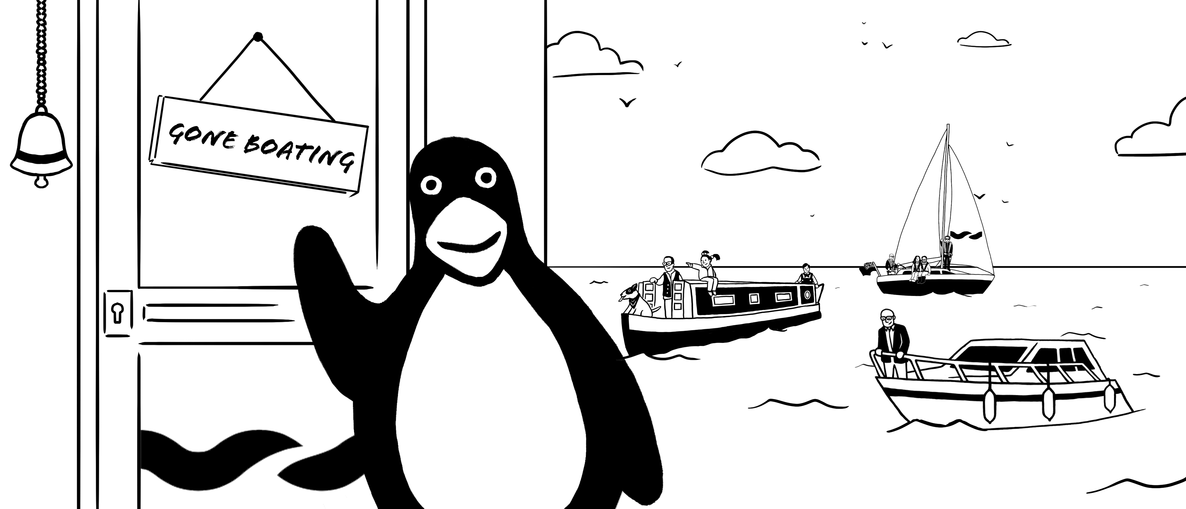 A penguin waves from a doorway with a 