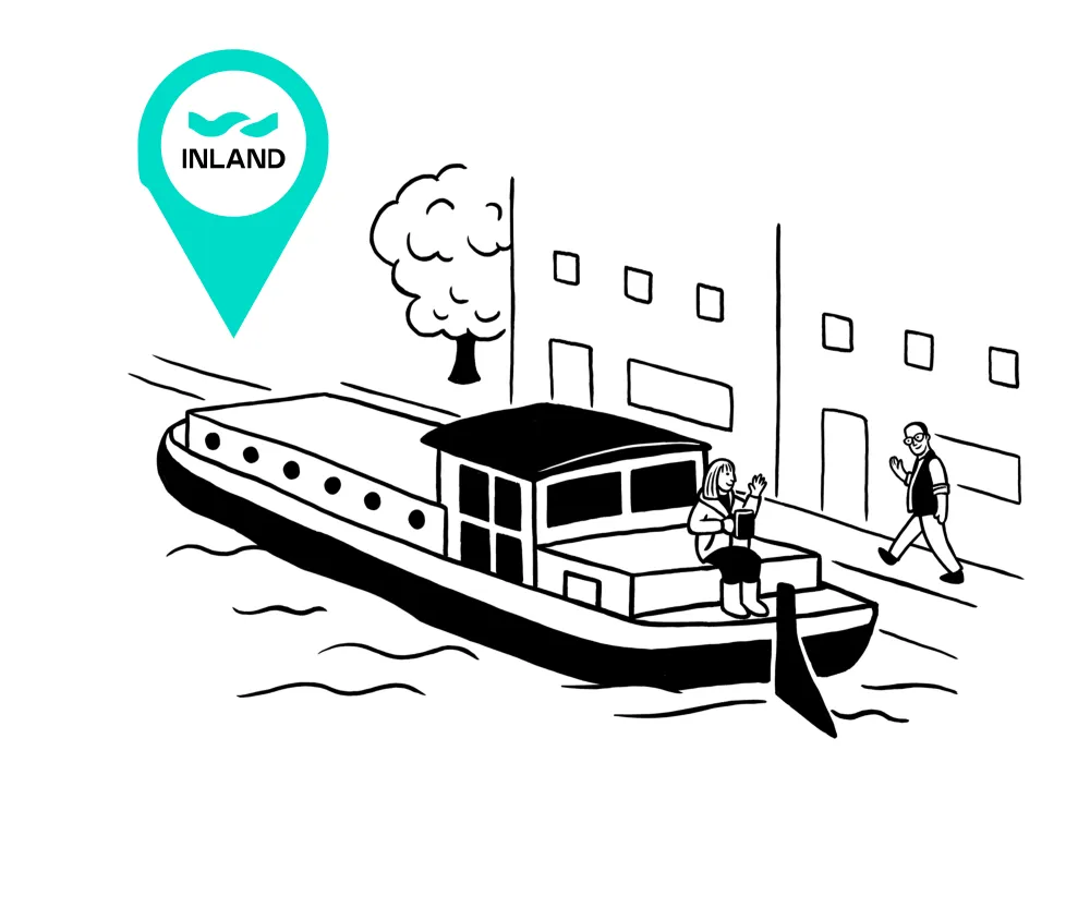 Illustration of a barge on a river beside a city street, nestled near a bustling marina. A person is sitting on the barge while another strolls nearby, soaking in the serene, nautical ambiance.