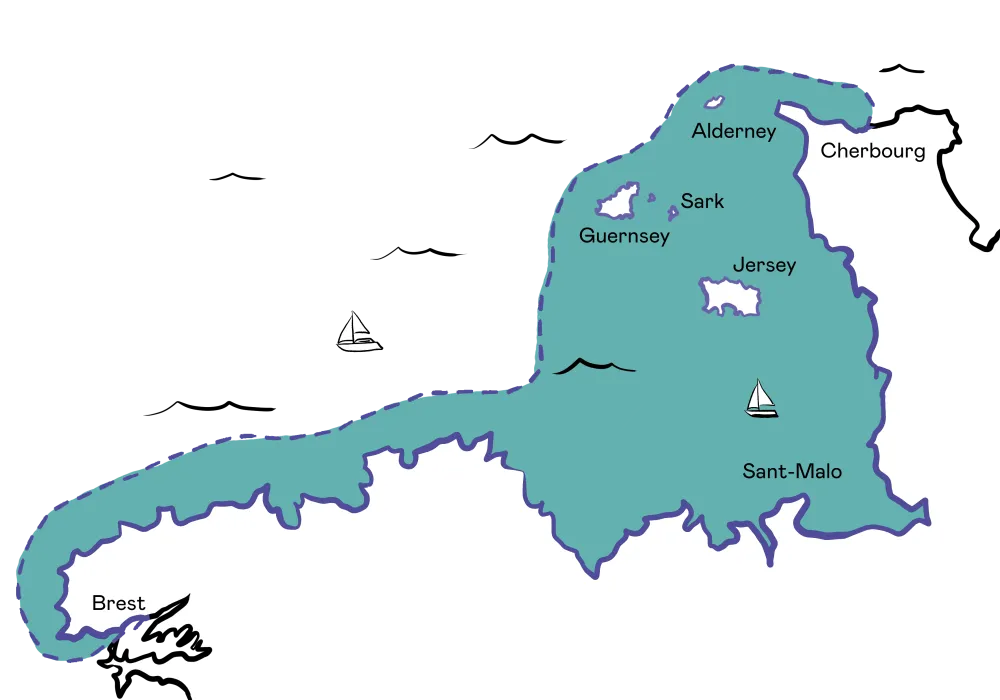 Map depicting the Channel Islands and surrounding areas, including Cherbourg and Brest, highlighting the cruising range with icons of sailboats.