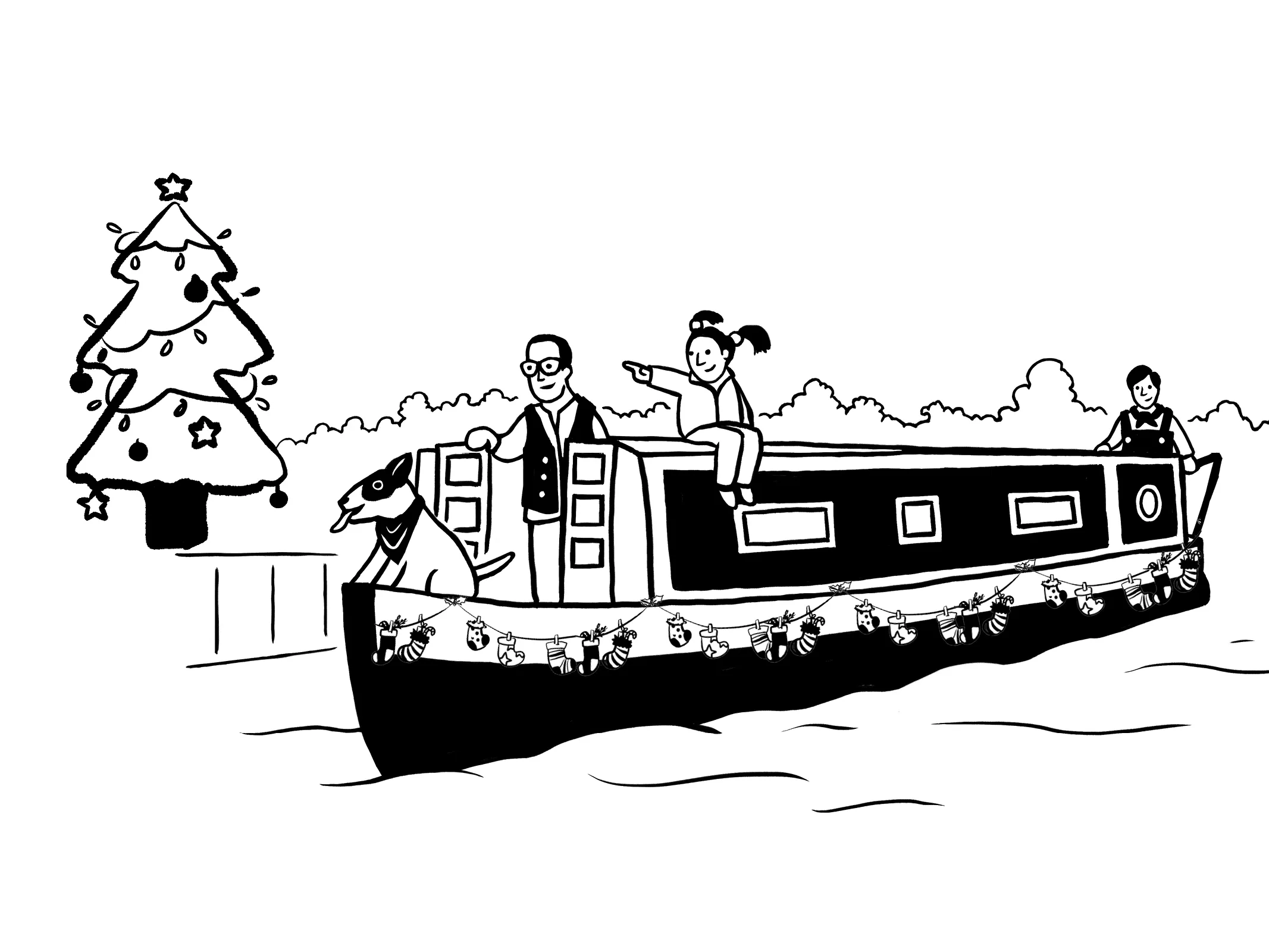 A family with a dog is on a canal boat, carefully maintained like a prized dinghy, adorned with Christmas garland as they glide past a large decorated Christmas tree.