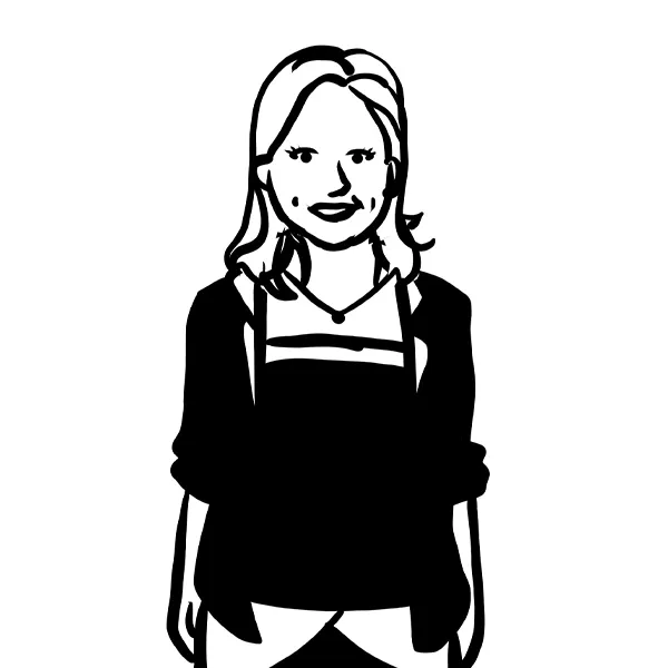 Black and white illustration of a smiling volunteer with medium-length hair, wearing a jacket over a top.