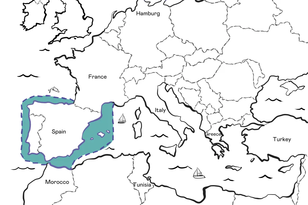 A vibrant map showcases the western Mediterranean Sea and surrounding regions in Europe and North Africa, featuring the cruising range near Spain highlighted in color.