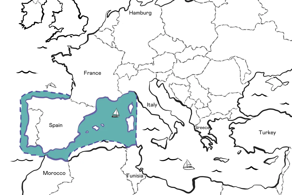 Map illustrating a scenic cruising range in Europe, with boats navigating near a highlighted area that spans Spain, France, Italy, and North Africa.