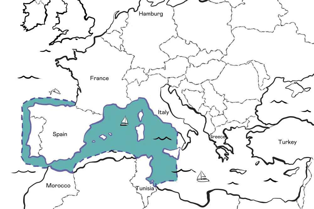 Map of Europe and North Africa highlighting the Western Mediterranean Sea’s cruising range, with sailboats and waves elegantly illustrated.