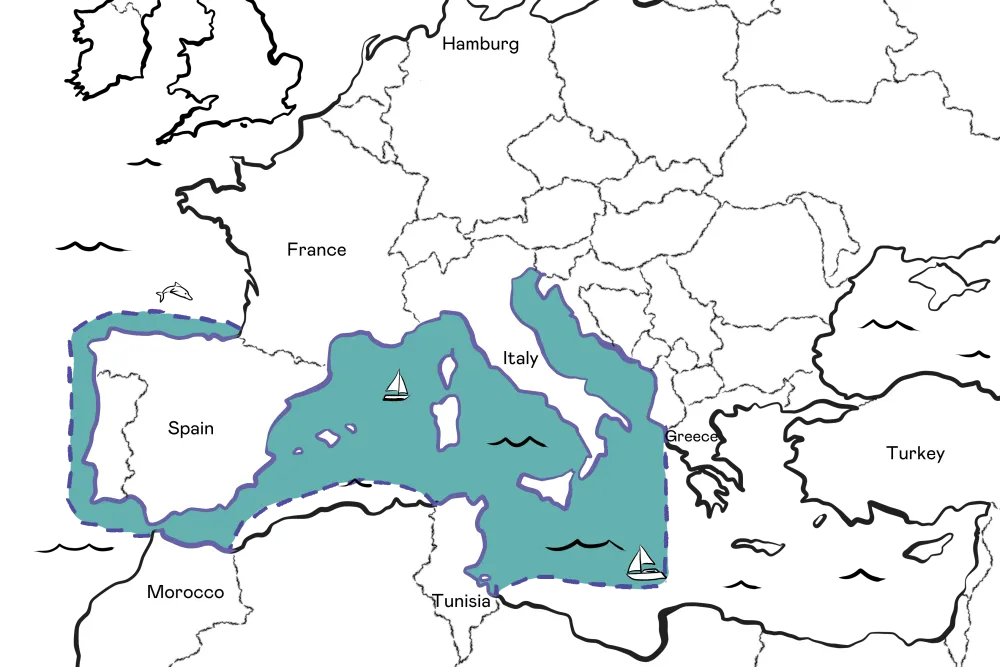 Map highlighting part of the Mediterranean Sea with sailing boats, showcasing their cruising range, bordered by Spain, France, Italy, Greece, and North Africa.